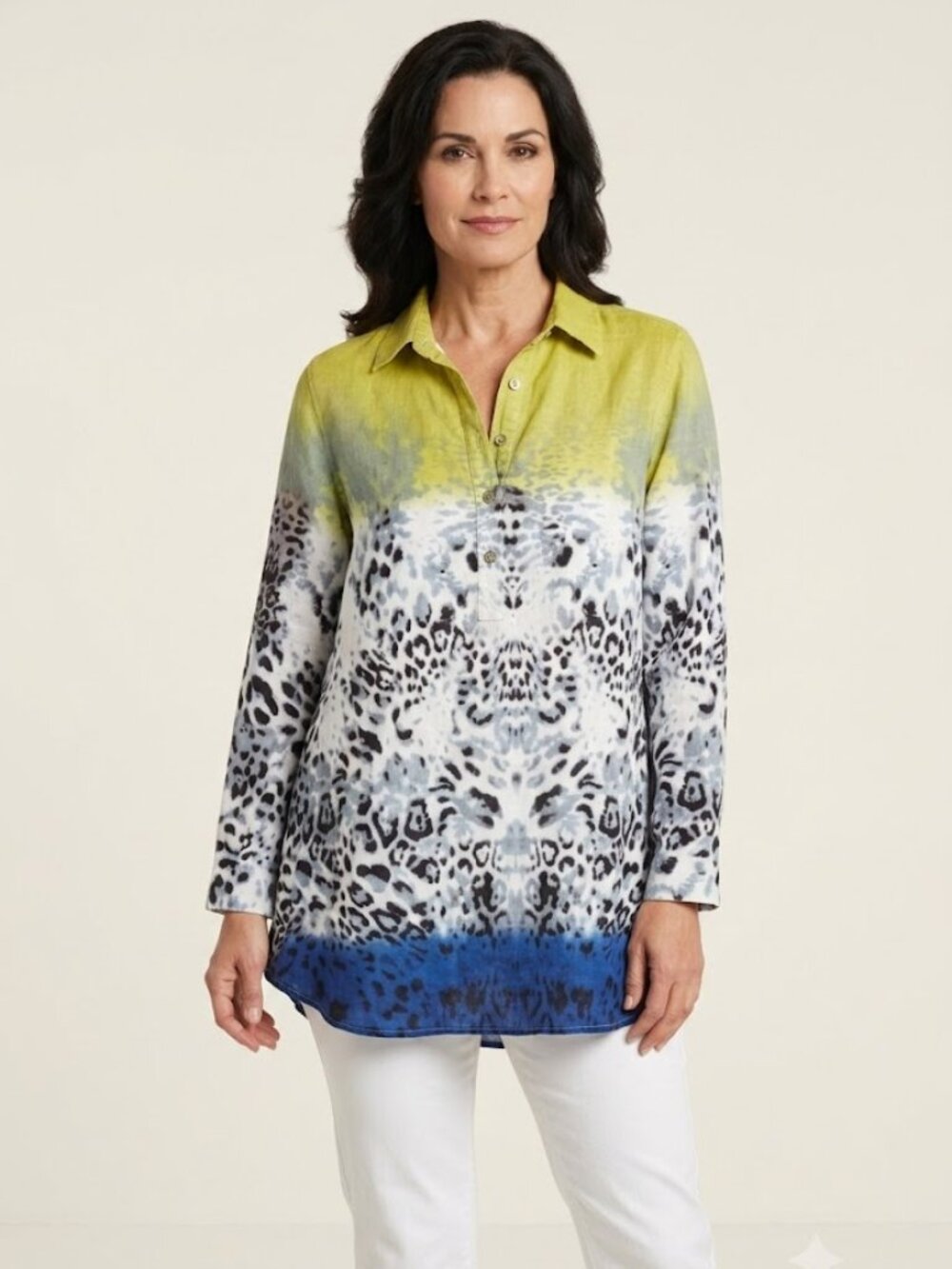 For Cynthia Linen Blend Tunic Top 1X NWT Animal Print Ombre Roll Tab Pocket $78